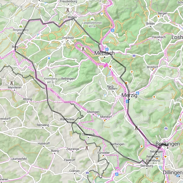 Map miniature of "Road to Saarfels" cycling inspiration in Saarland, Germany. Generated by Tarmacs.app cycling route planner