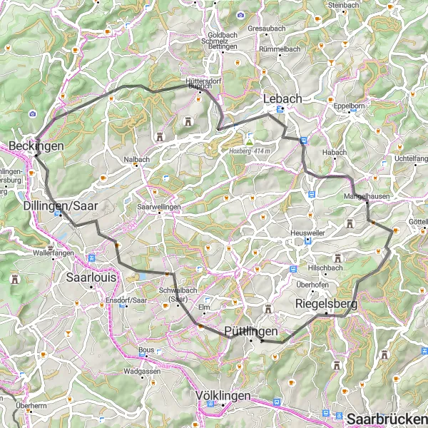Map miniature of "Picturesque Landscapes and Road Cycling Pleasure" cycling inspiration in Saarland, Germany. Generated by Tarmacs.app cycling route planner