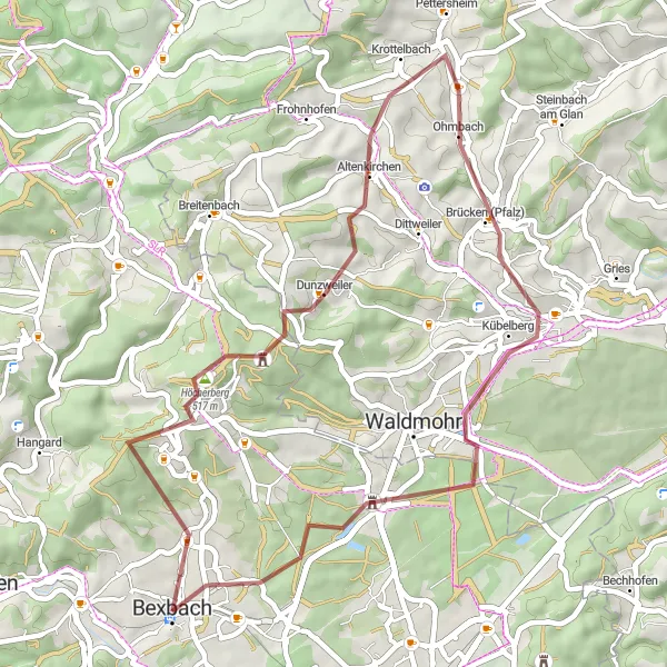 Map miniature of "Höcherberg Scenic Gravel Path" cycling inspiration in Saarland, Germany. Generated by Tarmacs.app cycling route planner