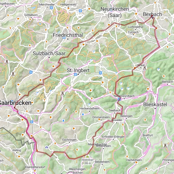 Map miniature of "Discover Kirkel: Gravel Extravaganza" cycling inspiration in Saarland, Germany. Generated by Tarmacs.app cycling route planner