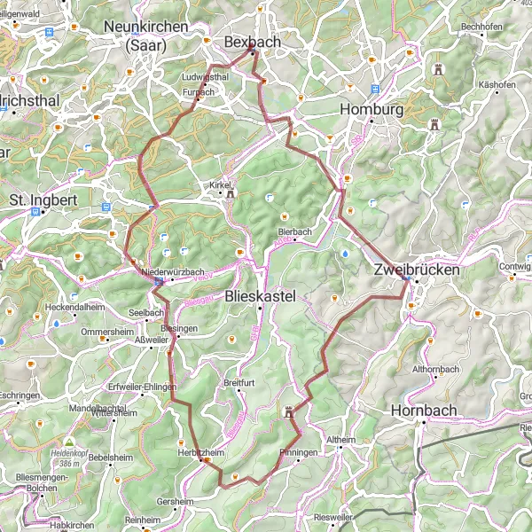 Map miniature of "Gravel Adventure: Zweibrücken Loop" cycling inspiration in Saarland, Germany. Generated by Tarmacs.app cycling route planner