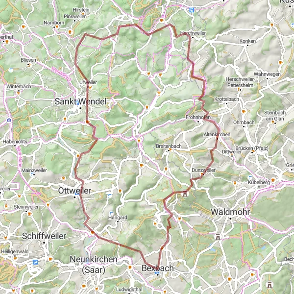 Karten-Miniaturansicht der Radinspiration "Entdecke die Natur um Ottweiler" in Saarland, Germany. Erstellt vom Tarmacs.app-Routenplaner für Radtouren