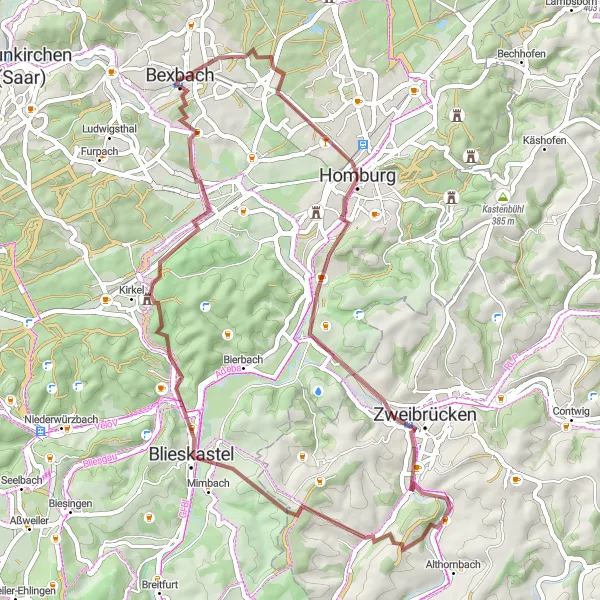Karten-Miniaturansicht der Radinspiration "Homburg und Umgebung" in Saarland, Germany. Erstellt vom Tarmacs.app-Routenplaner für Radtouren