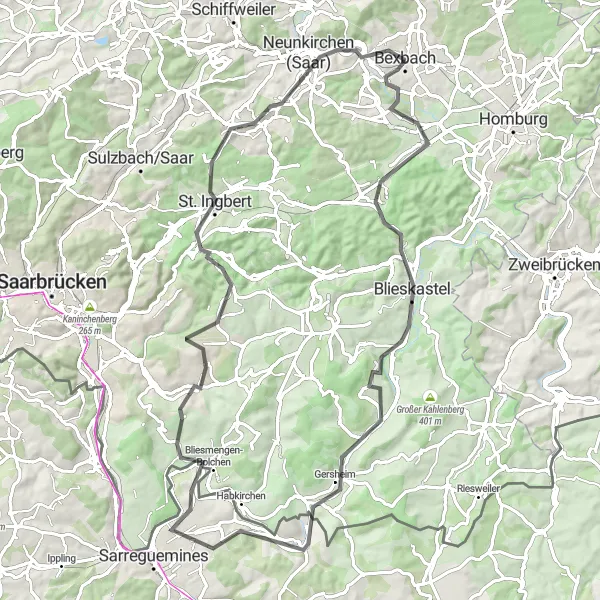 Map miniature of "Blies Valley Road Challenge" cycling inspiration in Saarland, Germany. Generated by Tarmacs.app cycling route planner