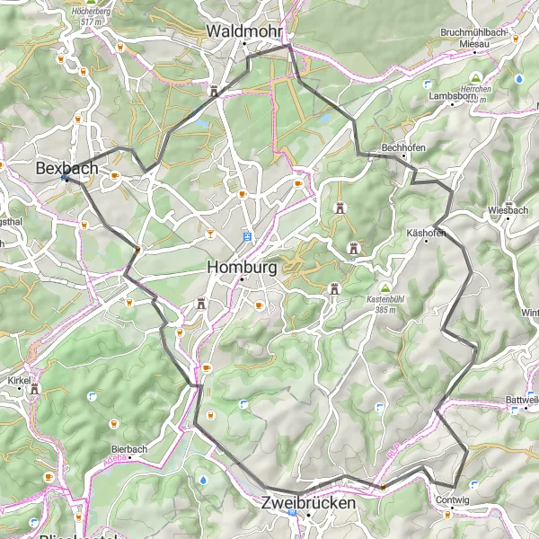 Map miniature of "The Zweibrücken Adventure" cycling inspiration in Saarland, Germany. Generated by Tarmacs.app cycling route planner
