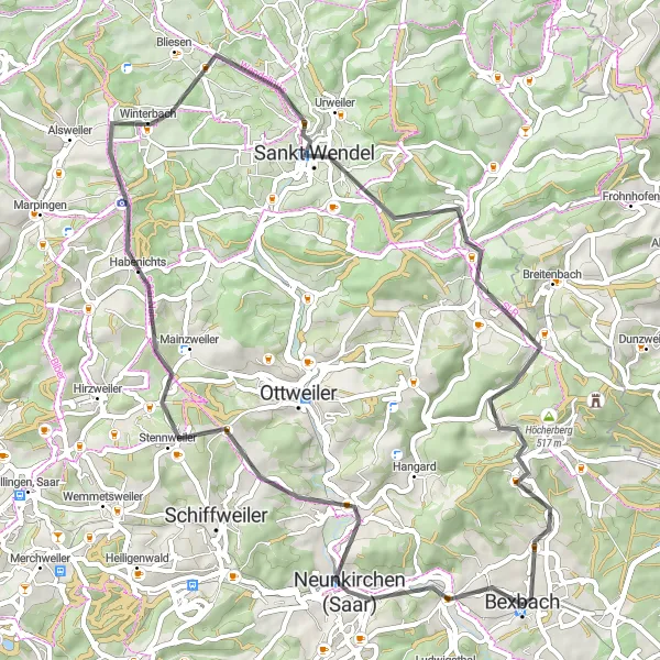 Map miniature of "Saarpfalz Round-trip" cycling inspiration in Saarland, Germany. Generated by Tarmacs.app cycling route planner