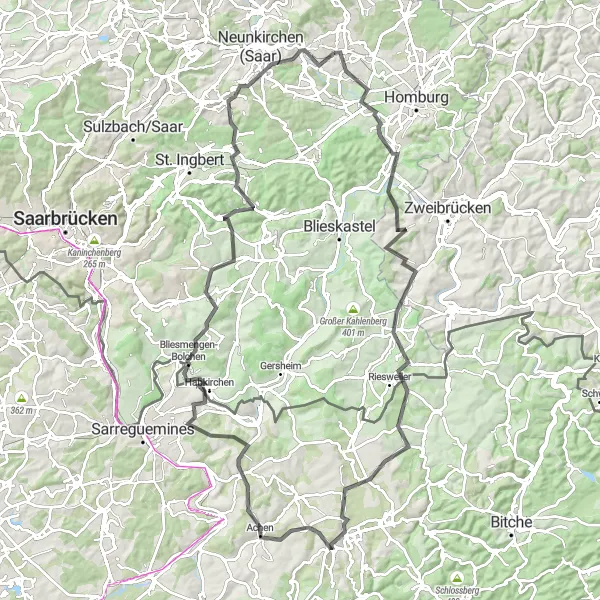 Map miniature of "The Bexbach Challenge" cycling inspiration in Saarland, Germany. Generated by Tarmacs.app cycling route planner