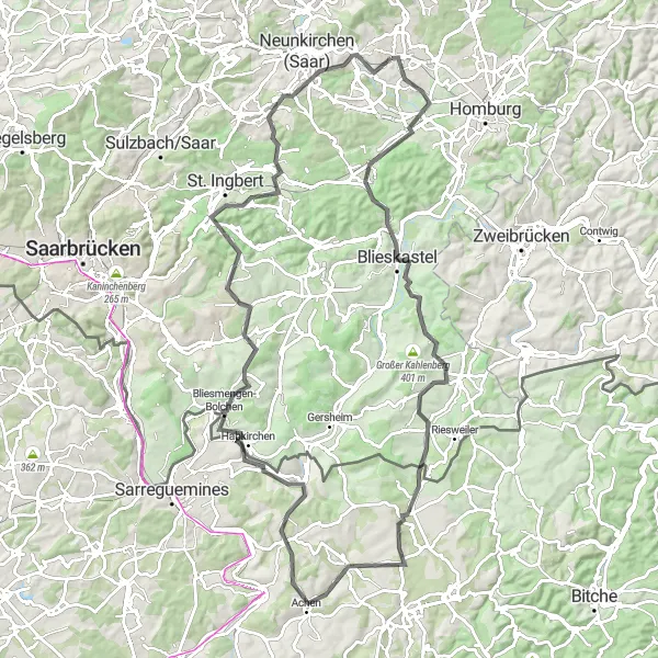 Map miniature of "Blieskastel Loop" cycling inspiration in Saarland, Germany. Generated by Tarmacs.app cycling route planner