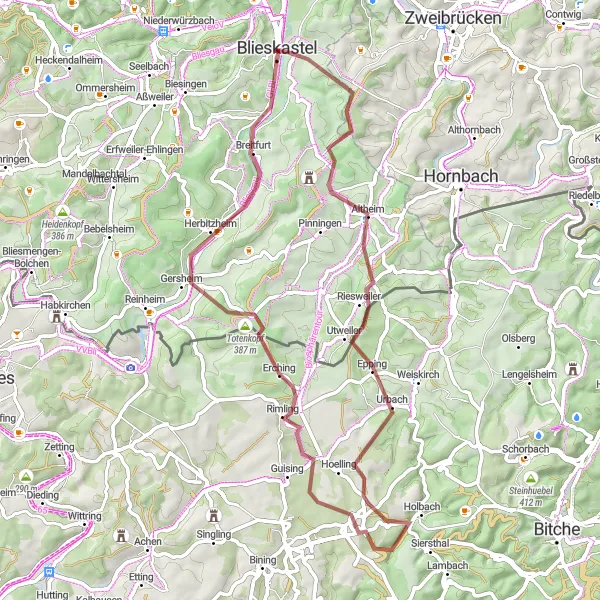 Karten-Miniaturansicht der Radinspiration "Gravel-Tour rund um Blieskastel" in Saarland, Germany. Erstellt vom Tarmacs.app-Routenplaner für Radtouren