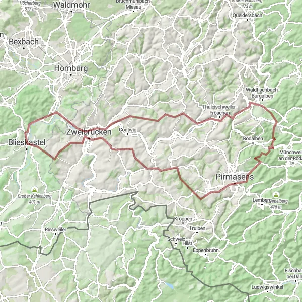 Karten-Miniaturansicht der Radinspiration "Panorama-Tour Pirmasens" in Saarland, Germany. Erstellt vom Tarmacs.app-Routenplaner für Radtouren