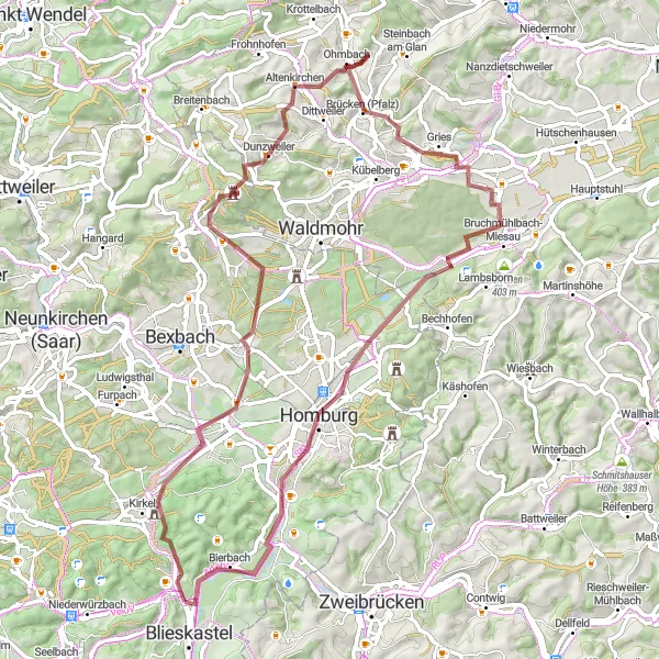 Karten-Miniaturansicht der Radinspiration "Gravel-Abenteuer um Kirkel und Homburg" in Saarland, Germany. Erstellt vom Tarmacs.app-Routenplaner für Radtouren