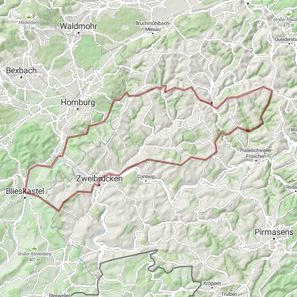 Karten-Miniaturansicht der Radinspiration "Rund um Zweibrücken" in Saarland, Germany. Erstellt vom Tarmacs.app-Routenplaner für Radtouren