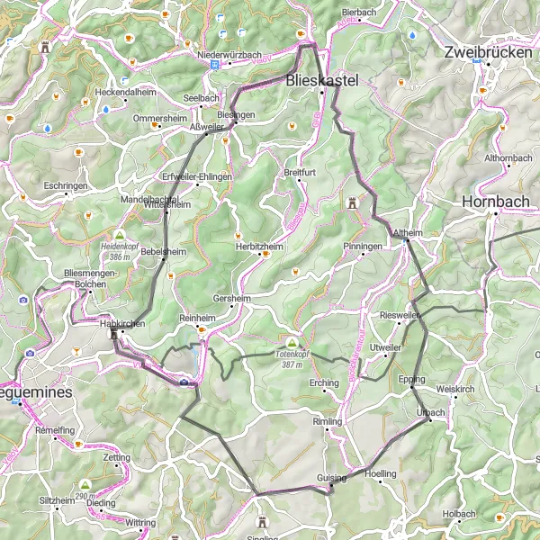 Karten-Miniaturansicht der Radinspiration "Radtour Blieskastel - Würzbacher Berg" in Saarland, Germany. Erstellt vom Tarmacs.app-Routenplaner für Radtouren