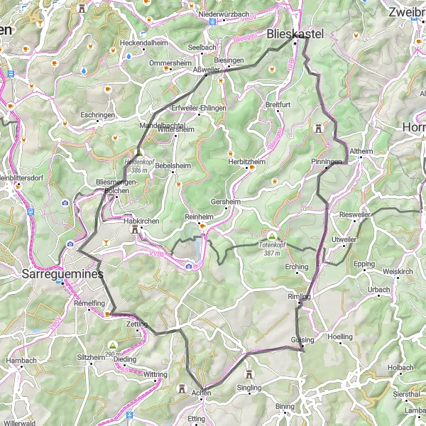 Karten-Miniaturansicht der Radinspiration "Rundweg Blieskastel - Kahler Berg" in Saarland, Germany. Erstellt vom Tarmacs.app-Routenplaner für Radtouren