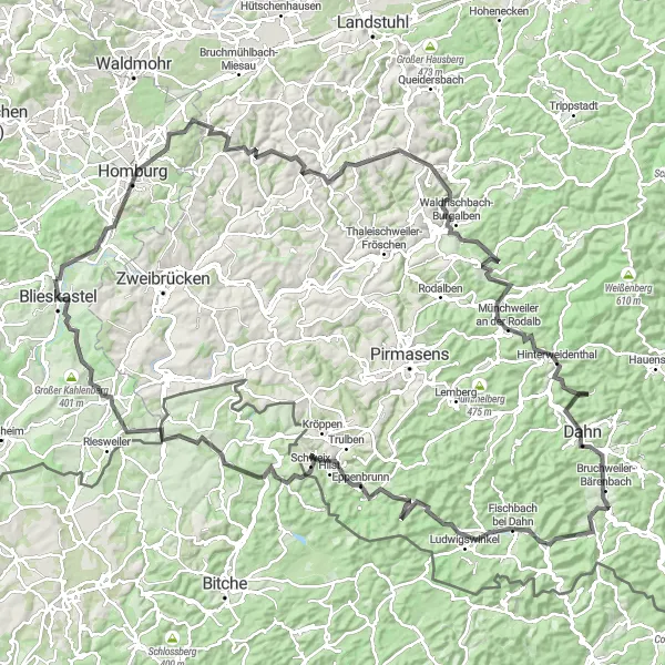 Karten-Miniaturansicht der Radinspiration "Große Runde durch das Saarland und Pfälzer Wald" in Saarland, Germany. Erstellt vom Tarmacs.app-Routenplaner für Radtouren