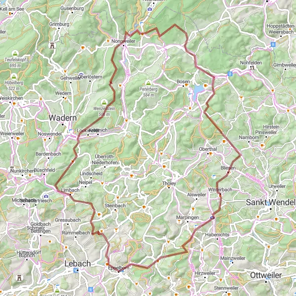 Map miniature of "The Mystic Hills" cycling inspiration in Saarland, Germany. Generated by Tarmacs.app cycling route planner