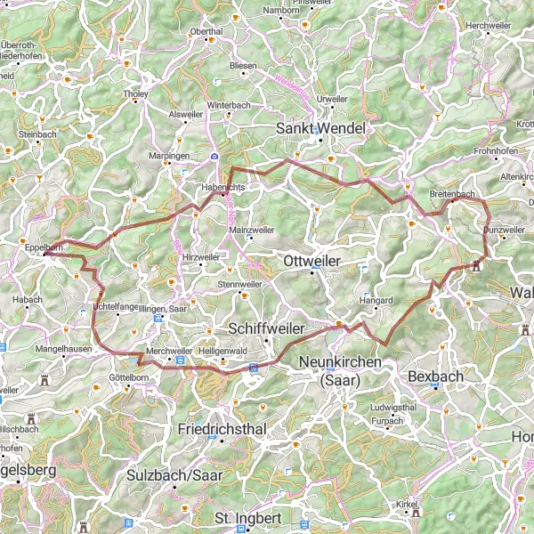 Map miniature of "The Hills of Eppelborn" cycling inspiration in Saarland, Germany. Generated by Tarmacs.app cycling route planner