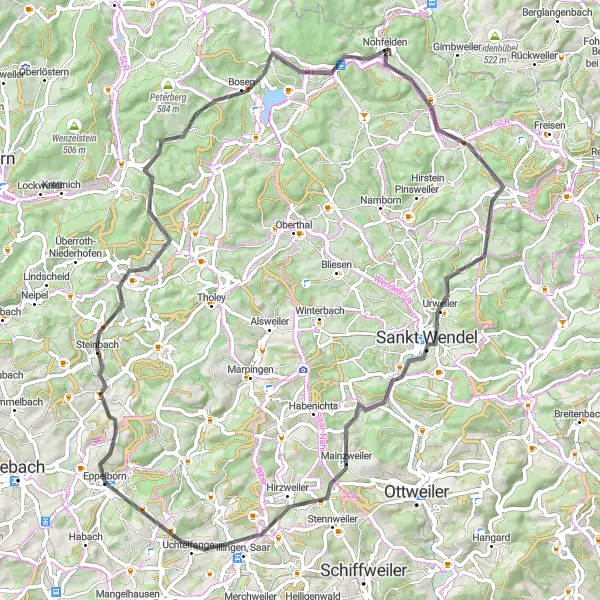 Map miniature of "The Hillside Adventure" cycling inspiration in Saarland, Germany. Generated by Tarmacs.app cycling route planner
