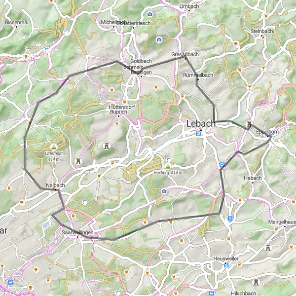 Karten-Miniaturansicht der Radinspiration "Rund um Eppelborn - Hügelige Herausforderung" in Saarland, Germany. Erstellt vom Tarmacs.app-Routenplaner für Radtouren