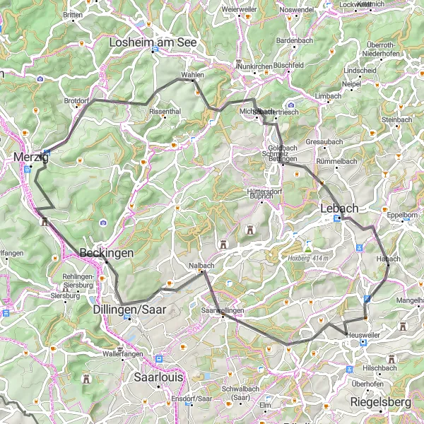 Karten-Miniaturansicht der Radinspiration "Abenteuerliche 74 km Rundfahrt" in Saarland, Germany. Erstellt vom Tarmacs.app-Routenplaner für Radtouren