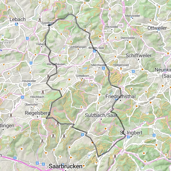 Map miniature of "The Road to Illingen" cycling inspiration in Saarland, Germany. Generated by Tarmacs.app cycling route planner