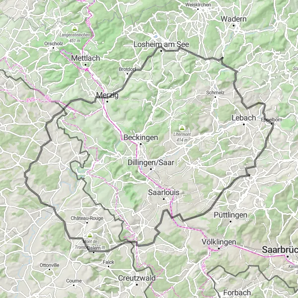 Karten-Miniaturansicht der Radinspiration "Die Höhen des Saarlandes" in Saarland, Germany. Erstellt vom Tarmacs.app-Routenplaner für Radtouren