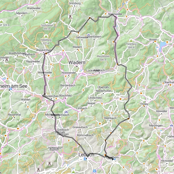 Karten-Miniaturansicht der Radinspiration "Herausfordernde 71 km Strecke mit Ausblicken" in Saarland, Germany. Erstellt vom Tarmacs.app-Routenplaner für Radtouren