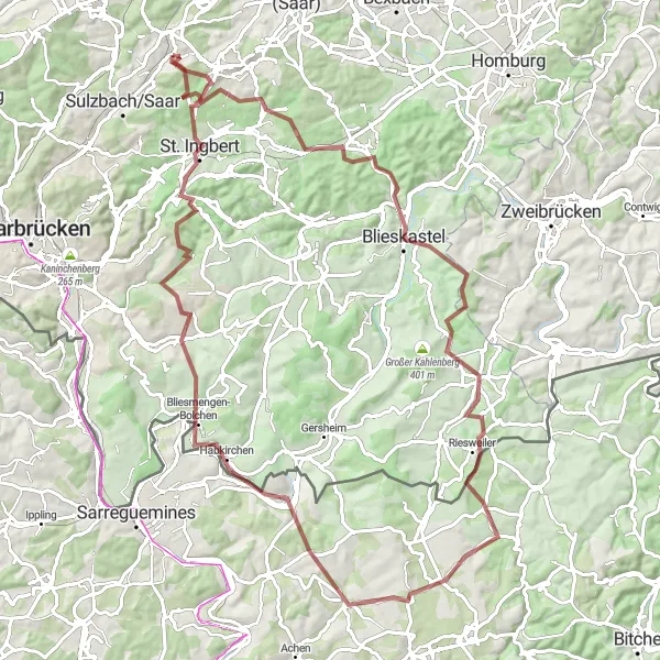 Karten-Miniaturansicht der Radinspiration "Friedrichsthal - St. Ingbert Rundfahrt" in Saarland, Germany. Erstellt vom Tarmacs.app-Routenplaner für Radtouren