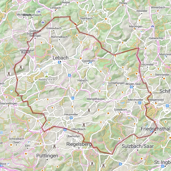 Map miniature of "Friedrichsthal to Quierschied Gravel Route" cycling inspiration in Saarland, Germany. Generated by Tarmacs.app cycling route planner