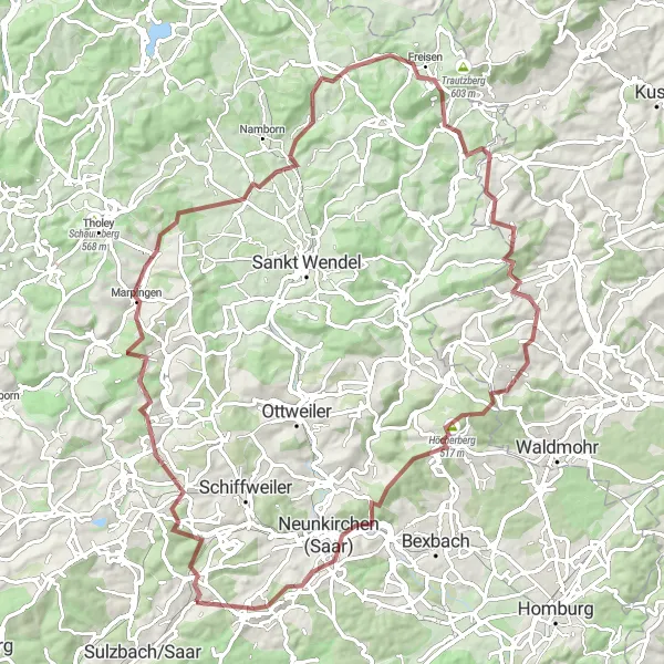 Karten-Miniaturansicht der Radinspiration "Friedrichsthal - Neunkirchen (Saar) Rundfahrt" in Saarland, Germany. Erstellt vom Tarmacs.app-Routenplaner für Radtouren