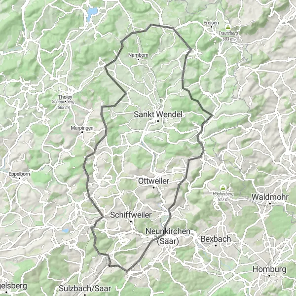 Map miniature of "The Saarland Tour" cycling inspiration in Saarland, Germany. Generated by Tarmacs.app cycling route planner