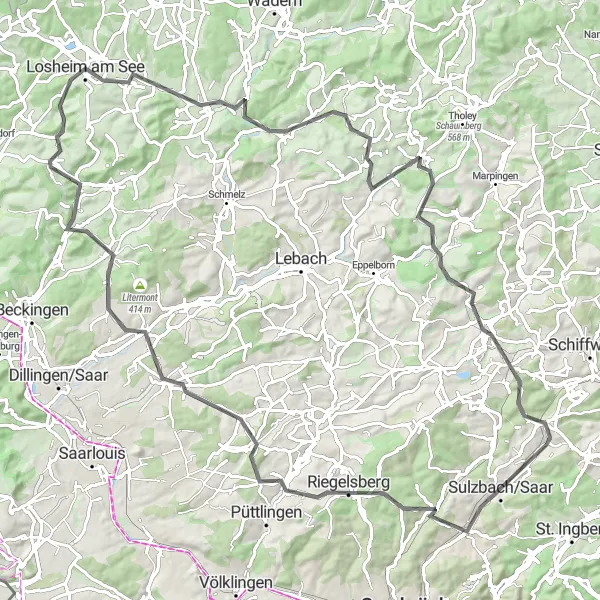 Map miniature of "Road Adventure to Losheim am See" cycling inspiration in Saarland, Germany. Generated by Tarmacs.app cycling route planner