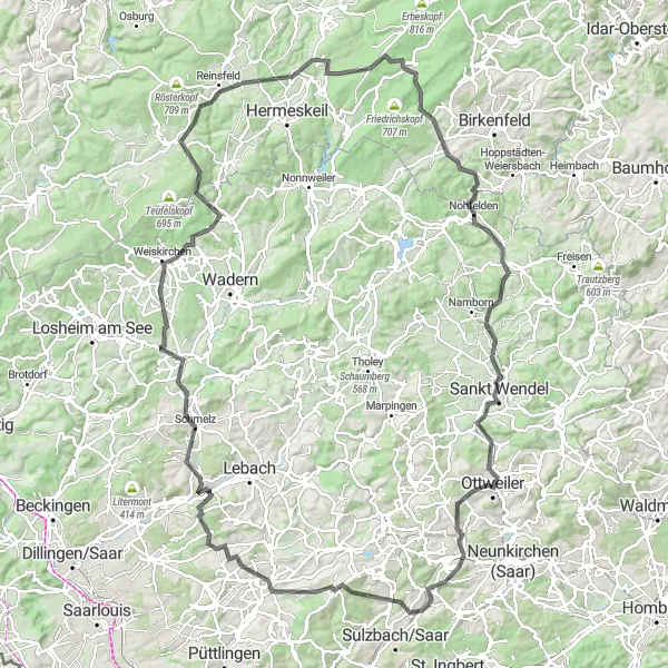 Map miniature of "The Ultimate Challenge" cycling inspiration in Saarland, Germany. Generated by Tarmacs.app cycling route planner
