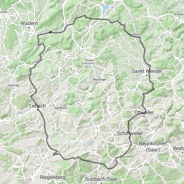 Map miniature of "Friedrichsthal to Sankt Wendel Road Challenge" cycling inspiration in Saarland, Germany. Generated by Tarmacs.app cycling route planner