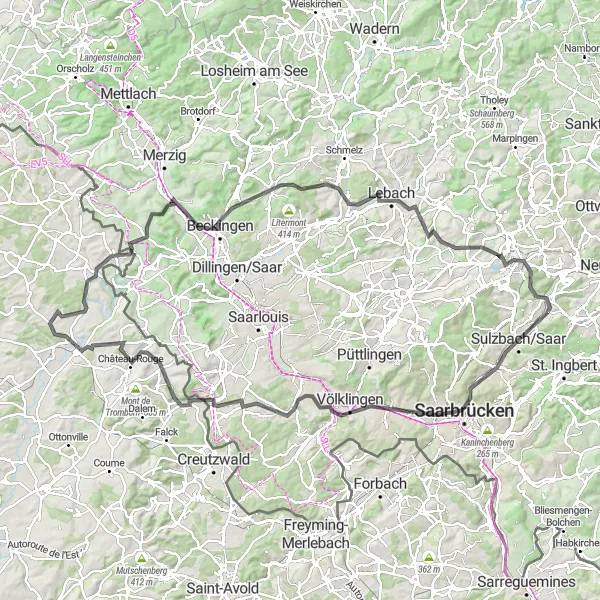 Map miniature of "Scenic Ride to Merzig Road Route" cycling inspiration in Saarland, Germany. Generated by Tarmacs.app cycling route planner