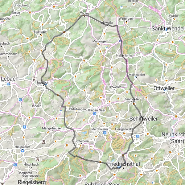 Map miniature of "Road Cycling Adventure" cycling inspiration in Saarland, Germany. Generated by Tarmacs.app cycling route planner