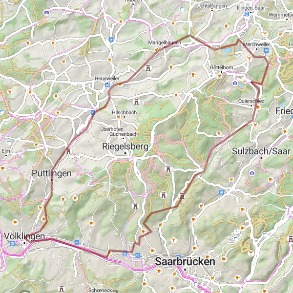 Map miniature of "Saarland Gravel Adventure" cycling inspiration in Saarland, Germany. Generated by Tarmacs.app cycling route planner