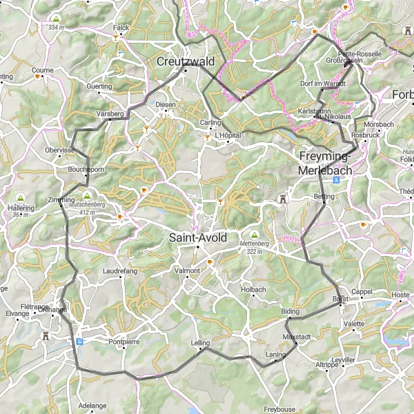 Map miniature of "The Border Explorer" cycling inspiration in Saarland, Germany. Generated by Tarmacs.app cycling route planner