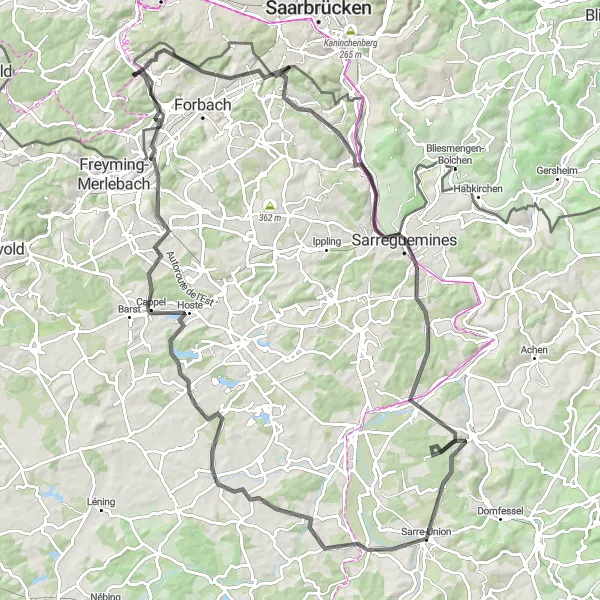 Map miniature of "Round the Hills of Saarland" cycling inspiration in Saarland, Germany. Generated by Tarmacs.app cycling route planner