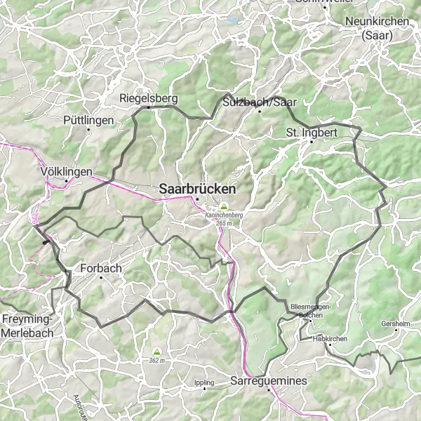 Map miniature of "The Great Saarland Challenge" cycling inspiration in Saarland, Germany. Generated by Tarmacs.app cycling route planner