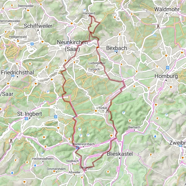 Map miniature of "Saarland Gravel Cycling Route" cycling inspiration in Saarland, Germany. Generated by Tarmacs.app cycling route planner