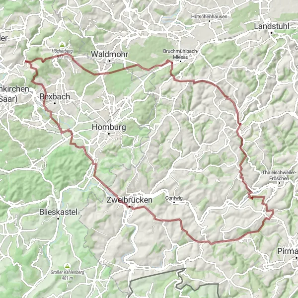 Map miniature of "Ultimate Gravel Challenge from Hangard to Wörschweiler" cycling inspiration in Saarland, Germany. Generated by Tarmacs.app cycling route planner