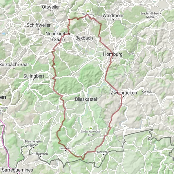 Karten-Miniaturansicht der Radinspiration "Graveltour Hangard - Neunkirchen (Saar)" in Saarland, Germany. Erstellt vom Tarmacs.app-Routenplaner für Radtouren