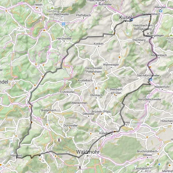 Karten-Miniaturansicht der Radinspiration "Rundtour durch die Natur um Hangard" in Saarland, Germany. Erstellt vom Tarmacs.app-Routenplaner für Radtouren