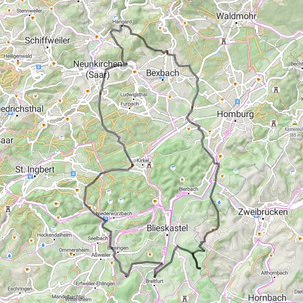 Karten-Miniaturansicht der Radinspiration "Hügeliges Straßenradfahren rund um Hangard" in Saarland, Germany. Erstellt vom Tarmacs.app-Routenplaner für Radtouren