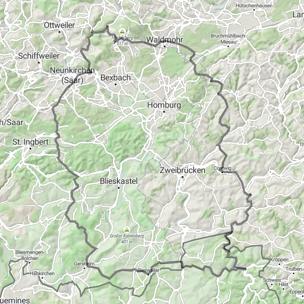 Karten-Miniaturansicht der Radinspiration "Unerforschte Wege durch verschiedene Landschaften" in Saarland, Germany. Erstellt vom Tarmacs.app-Routenplaner für Radtouren
