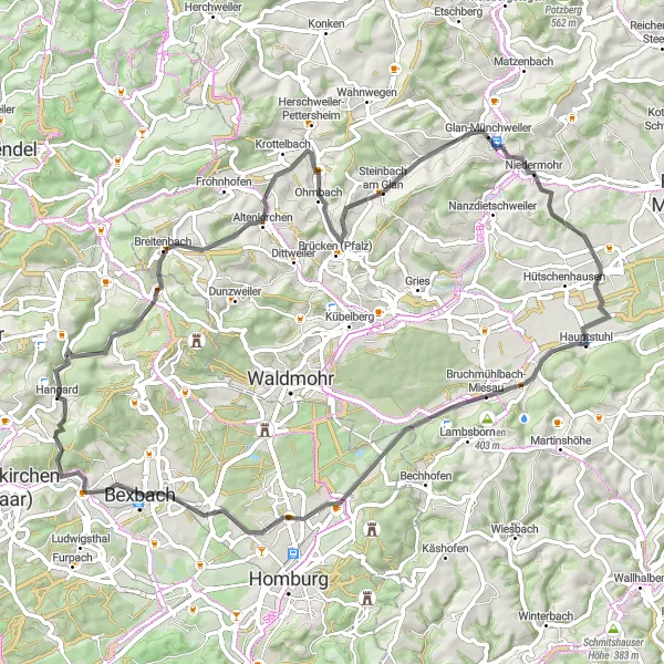 Map miniature of "Roundtrip from Hangard to Rohn and Eberstein" cycling inspiration in Saarland, Germany. Generated by Tarmacs.app cycling route planner