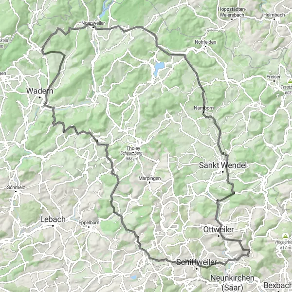 Karten-Miniaturansicht der Radinspiration "Historische Entdeckungstour in Hügellandschaften" in Saarland, Germany. Erstellt vom Tarmacs.app-Routenplaner für Radtouren