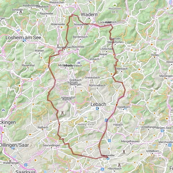 Map miniature of "Heusweiler to Hilgenbacher Höhe Gravel Cycling Route" cycling inspiration in Saarland, Germany. Generated by Tarmacs.app cycling route planner