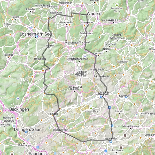 Map miniature of "Heusweiler to Wünschberg Road Cycling Route" cycling inspiration in Saarland, Germany. Generated by Tarmacs.app cycling route planner